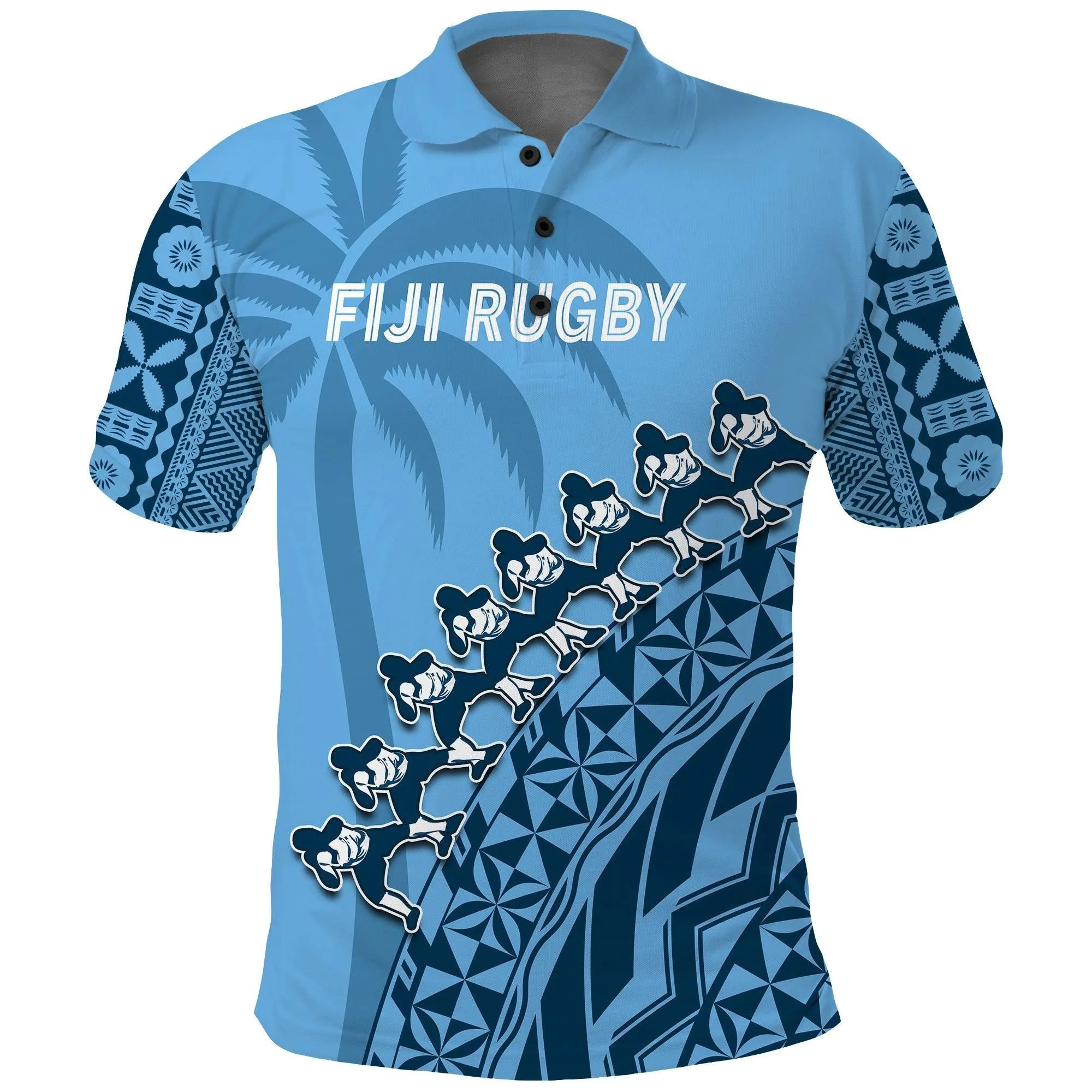 (Custom Text And Number) Fiji Tapa Rugby Polo Shirt Fijian Cibi Dance Tapa Pattern Blue LT14