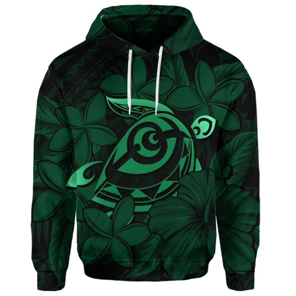 (Personalised) Hawaiian Turtle Hibiscus Plumeria Kanaka Polynesian Hoodie Green - Soft Style - AH
