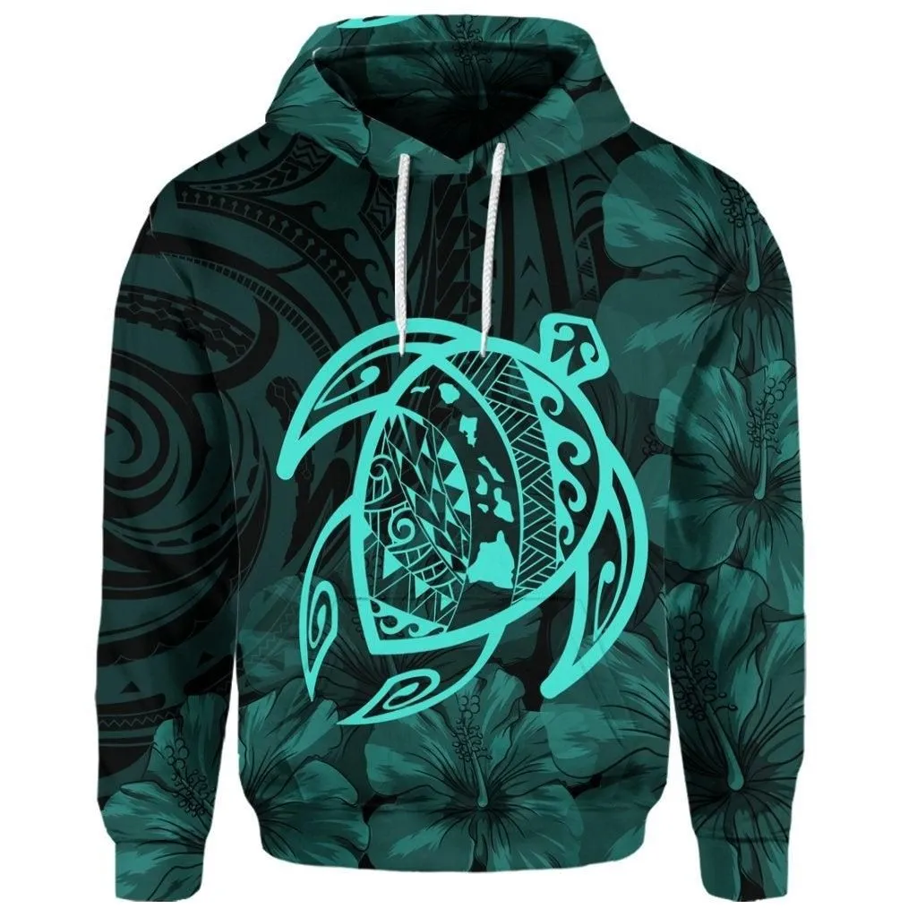 (Personalised) Hawaiian Map Turtle Kanaka Hibiscus Polynesian Hoodie - Turquoise