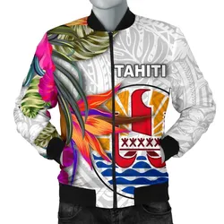 Tahiti Mens Bomber Jacket Polynesian Hibiscus White Pattern