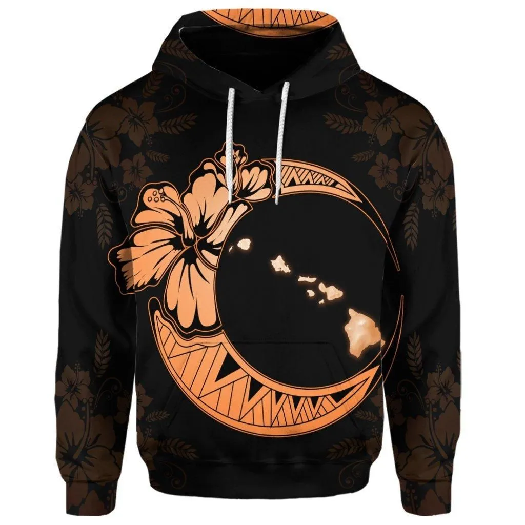 (Personalised) Hawaiian Map Hibiscus Turtle Polynesian Moon Hoodie Orange - AH
