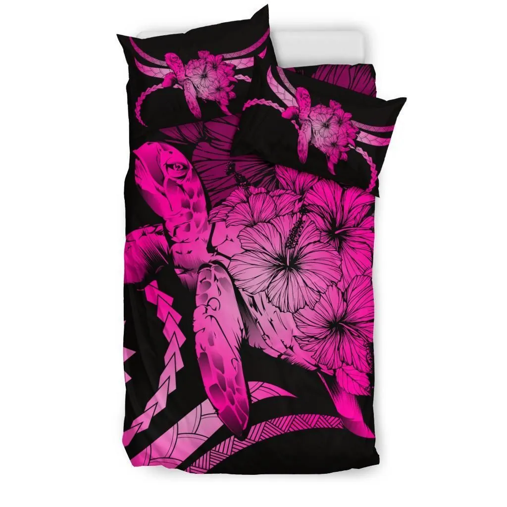 Hawaiian Bedding Set - Hawaii Turtle Hibiscus Polynesian Vintage Bedding Set - Pink