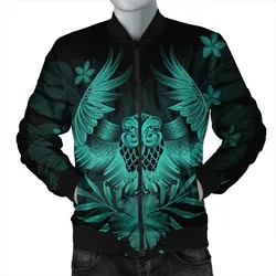 Hawaiian Owl Hibiscus Plumeria Polynesian Bomber Jacket - Turquoise