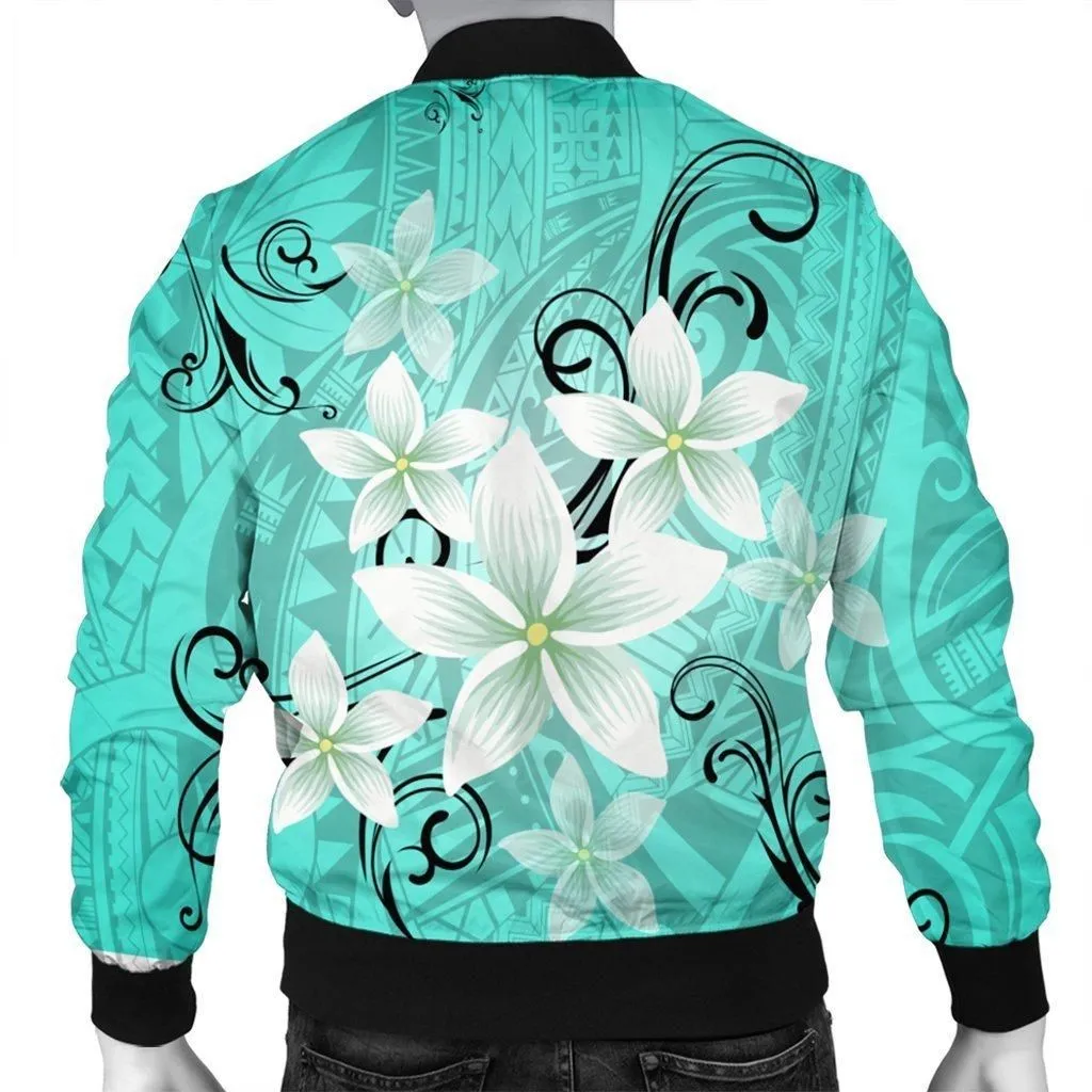 Hawaiian Plumeria Polynesian Bomber Jacket - Turquoise