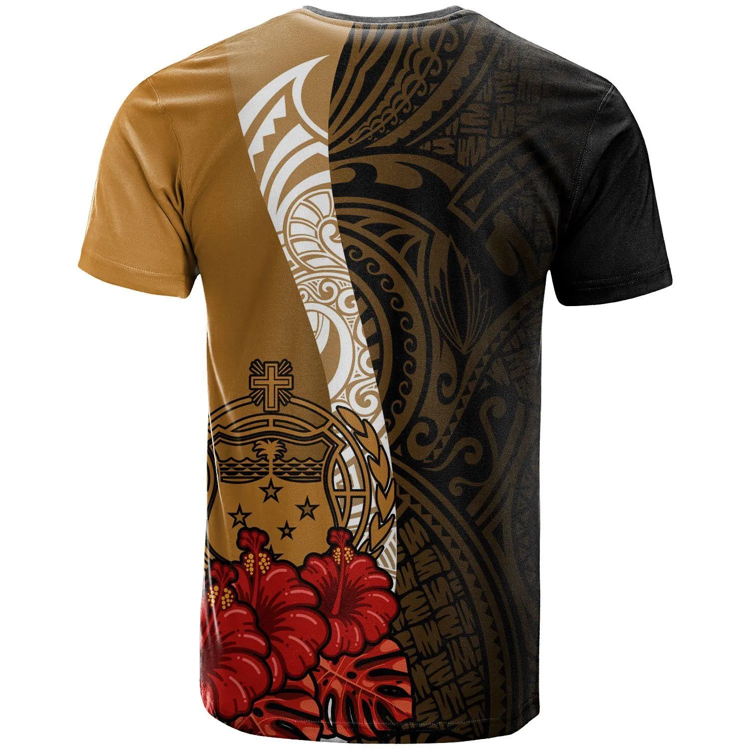 Samoa Polynesian Custom Personalised T-Shirt - Coat Of Arms With Hibiscus Gold - BN12