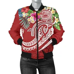 Polynesian American Samoa Women's Bomber Jacket - Summer Plumeria (Red) - BN15