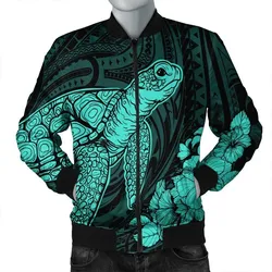 Hawaiian Hibiscus Memory Turtle Polynesian Bomber Jacket Turquoise - AH