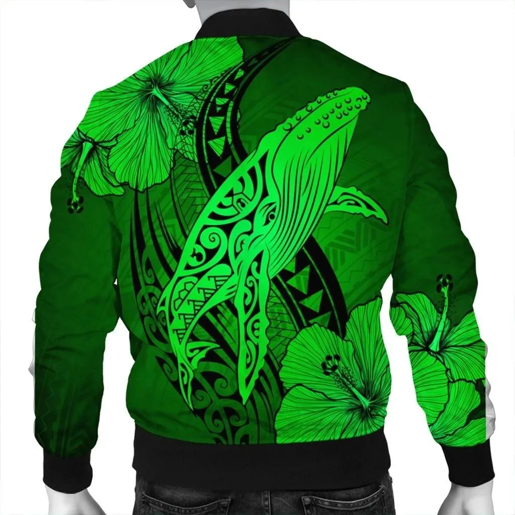 FamilyGater Jacket - Hawaiian Map Whale Swim Hibiscus Polynesian Bomber Jacket - Green - AH - J6R