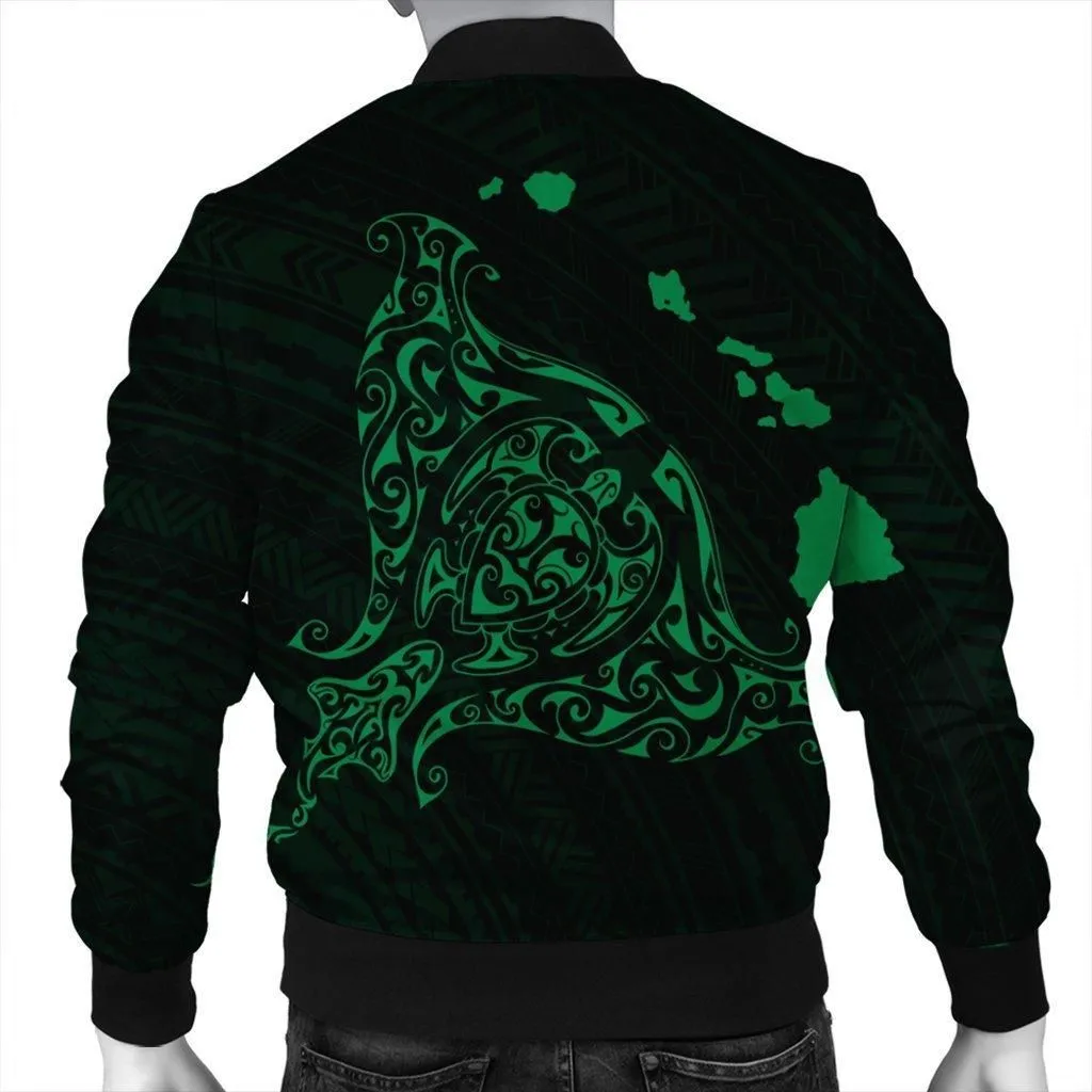 Hawaiian Map Manta Ray Green Polynesian Bomber Jacket