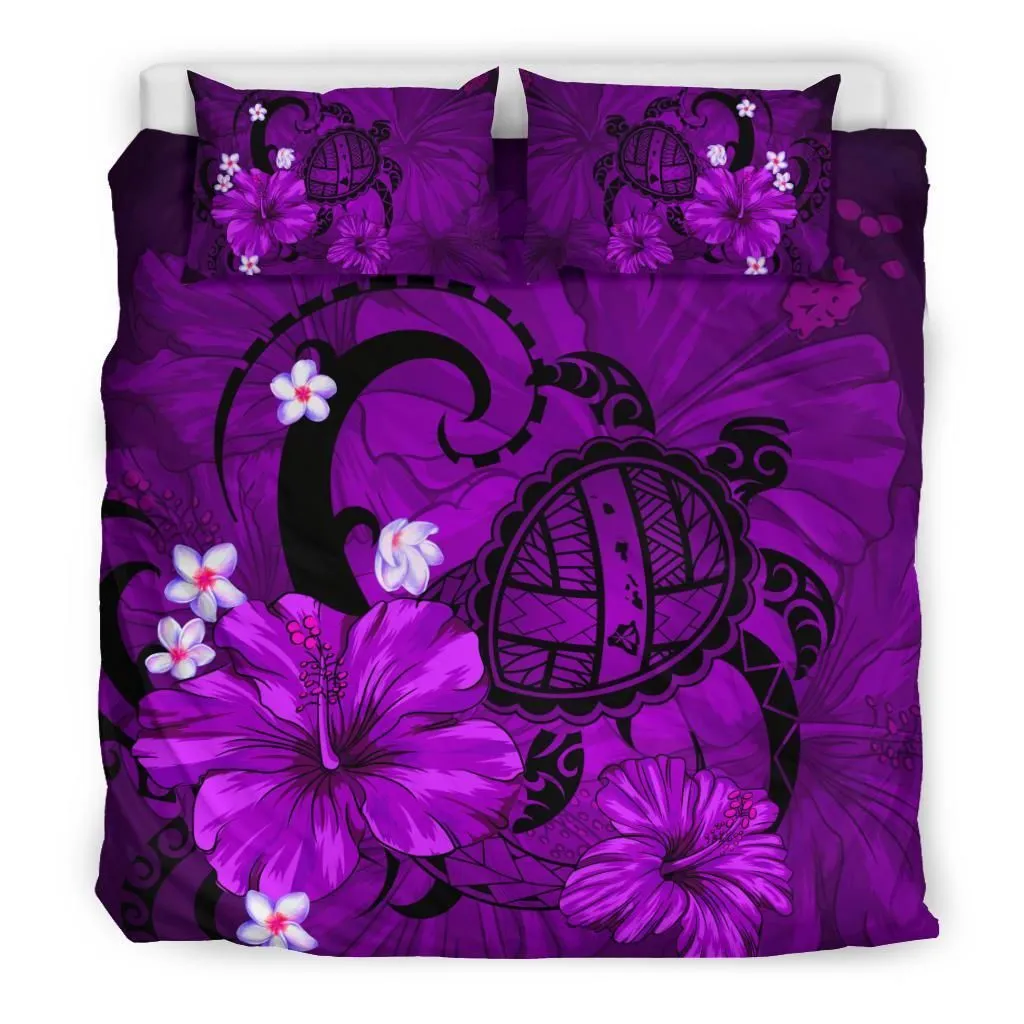 FamilyGater Home Set - Hawaiian Map Big Turtle Hibiscus Plumeria Tribal Polynesian Bedding Set - Purple - AH J9