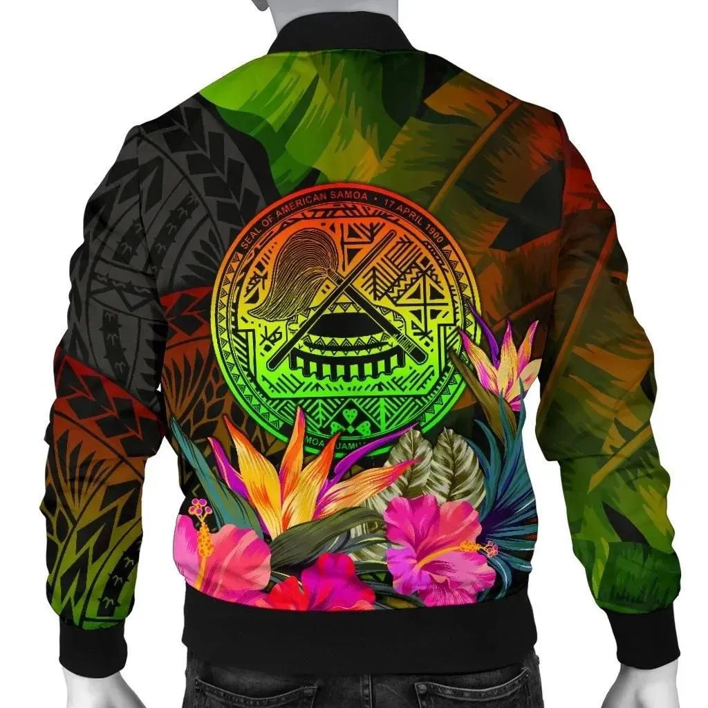 American Samoa Polynesian Men's Bomber Jacket -  Hibiscus and Banana Leaves - BN15