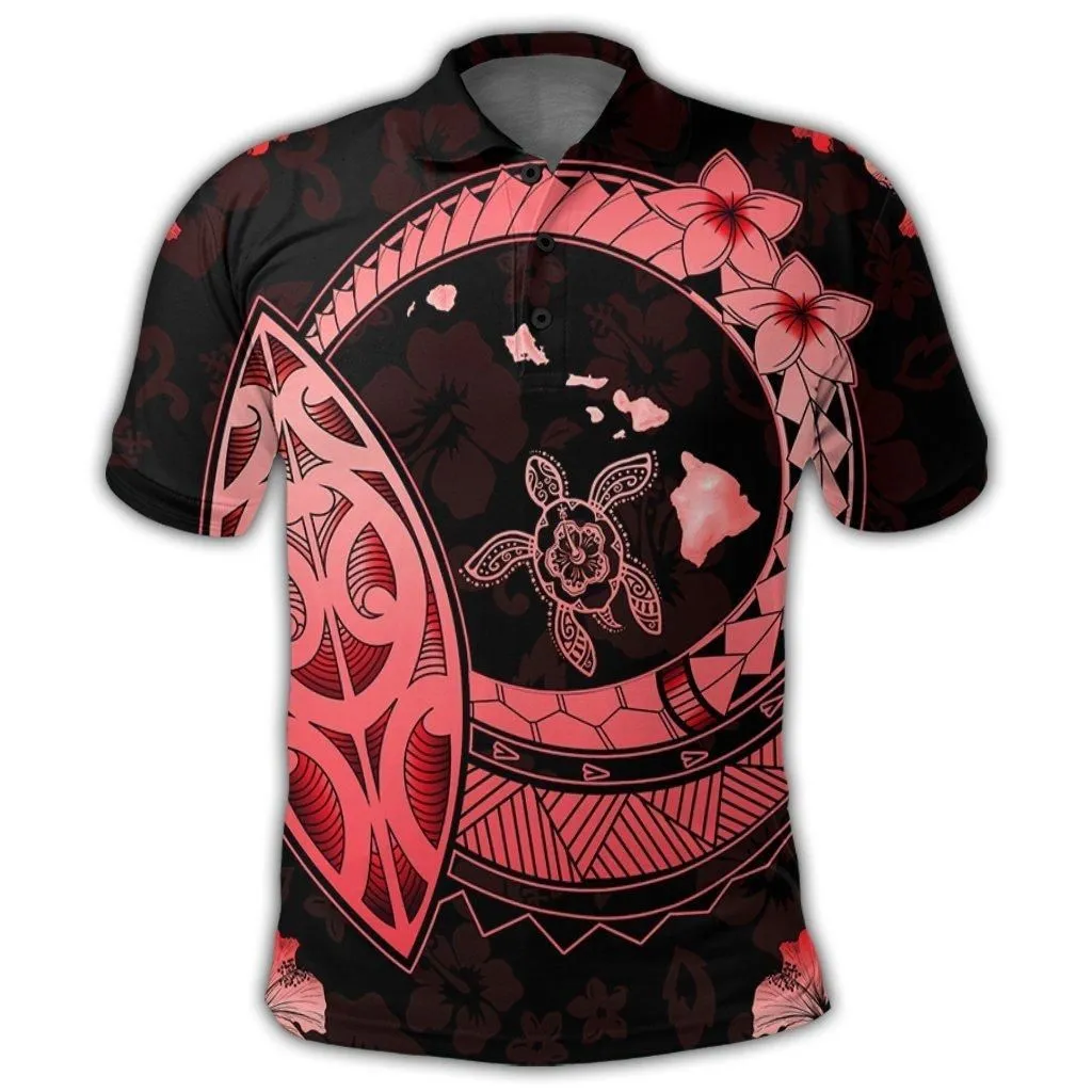 Hawaii Turtle Hibiscus Map Polynesian Polo Shirt Red