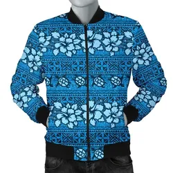Alohawaii Jacket - Bomber Jacket Fiji Tapa¬†Hibiscus¬†Blue¬†A7