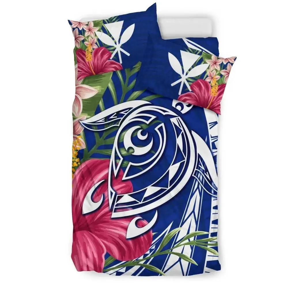 FamilyGater Home Set - Hawaii Polynesian Turtle Tropical Hibiscus Plumeria Bedding Set - Blue - AH - J4