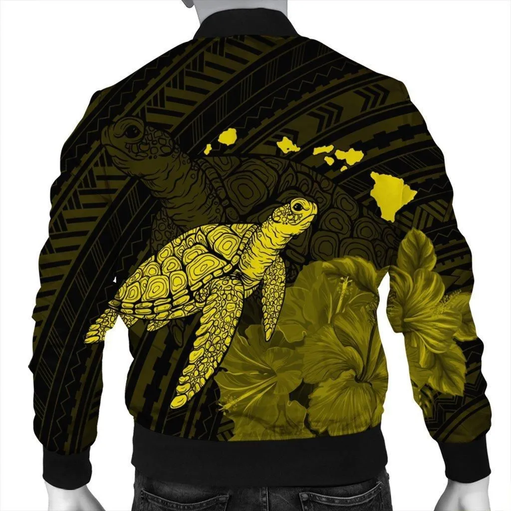 Hawaii Polynesian Hibiscus Turtle Map Bomber Jacket Yellow