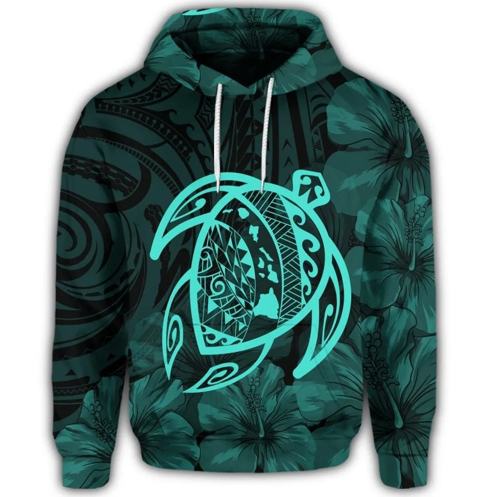 Hawaiian Map Turtle Kanaka Hibiscus Polynesian Hoodie - Turquoise