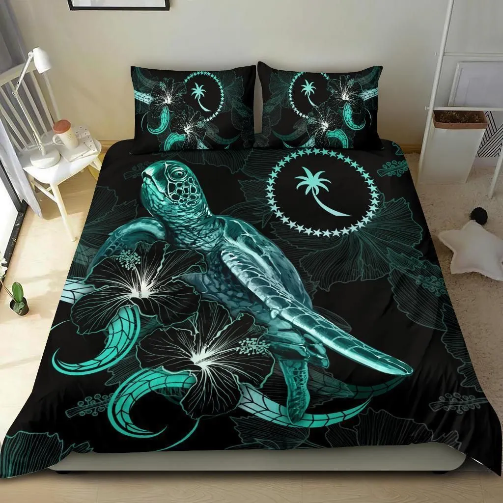 Chuuk Polynesian Bedding Set - Turtle With Blooming Hibiscus Turquoise