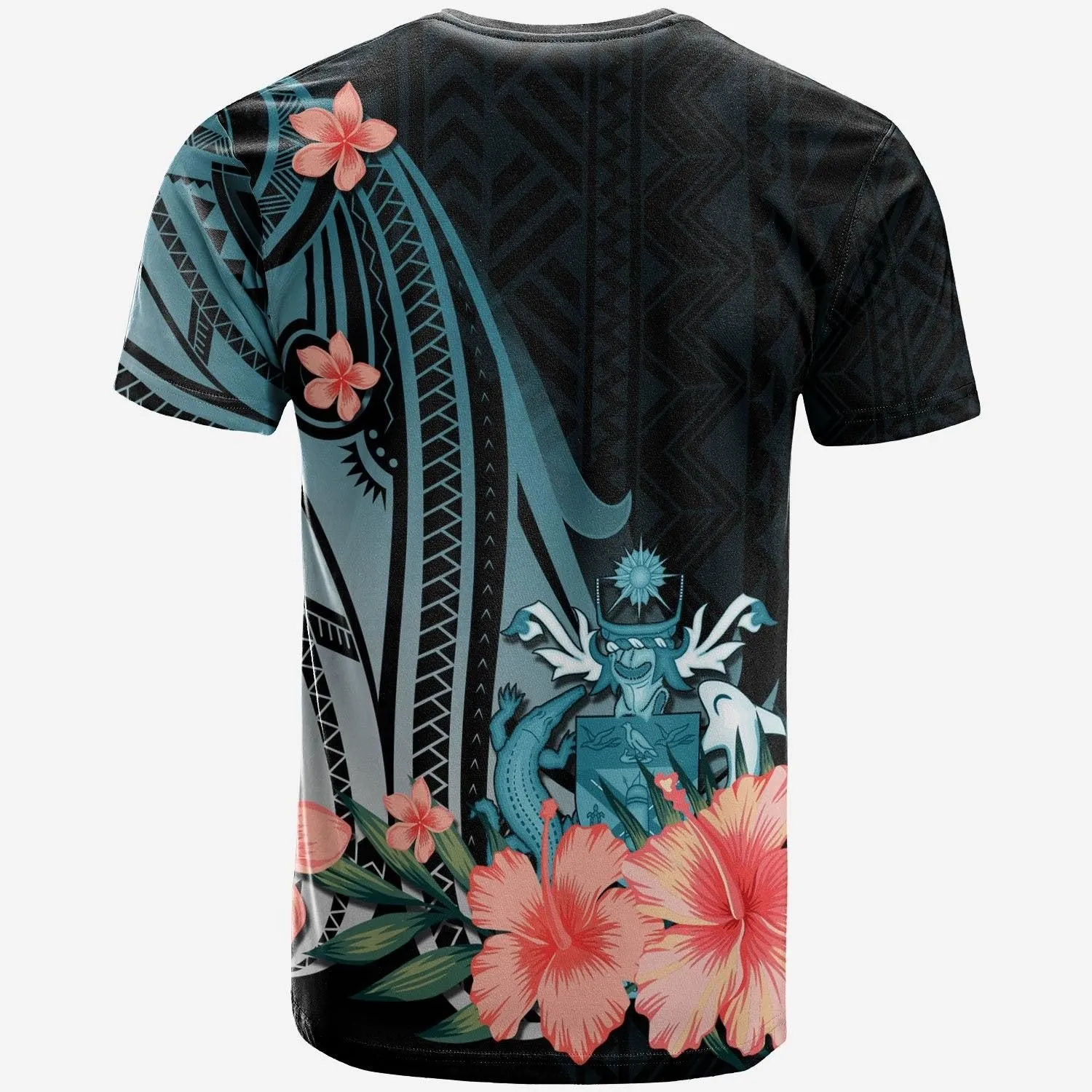 Solomon Islands T-Shirt - Turquoise Polynesian Hibiscus Pattern Style