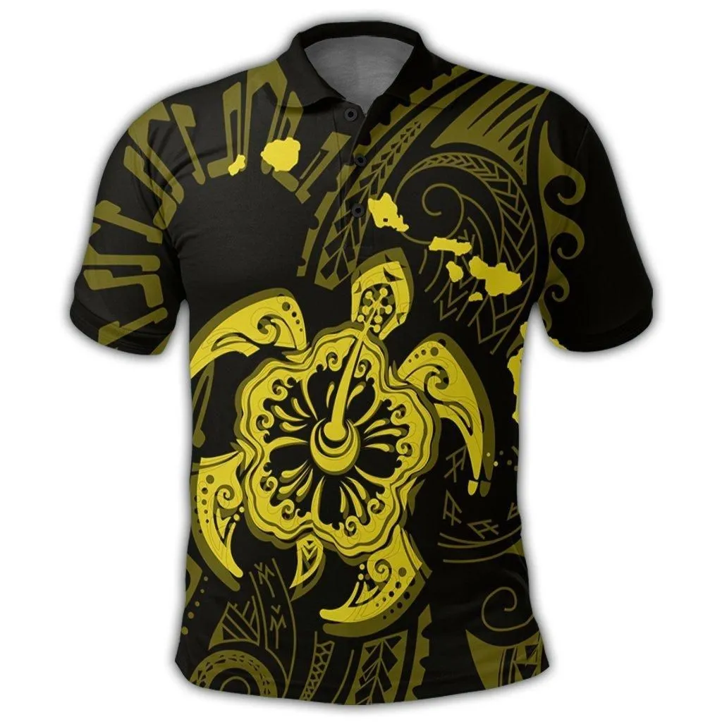 Hawaiian Map Kanaka Hibiscus Turtle Yellow Polynesian Polo Shirt