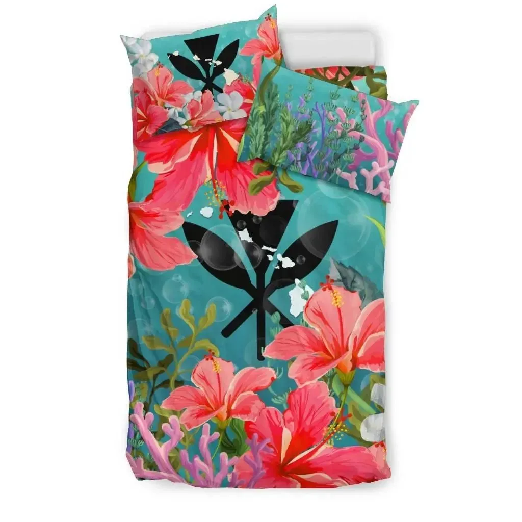 FamilyGater Bedding Set - Cover and Pillow Cases Kanaka Maoli (Hawaiian) - Coat Of Arms Hibiscus And Seaweed A24