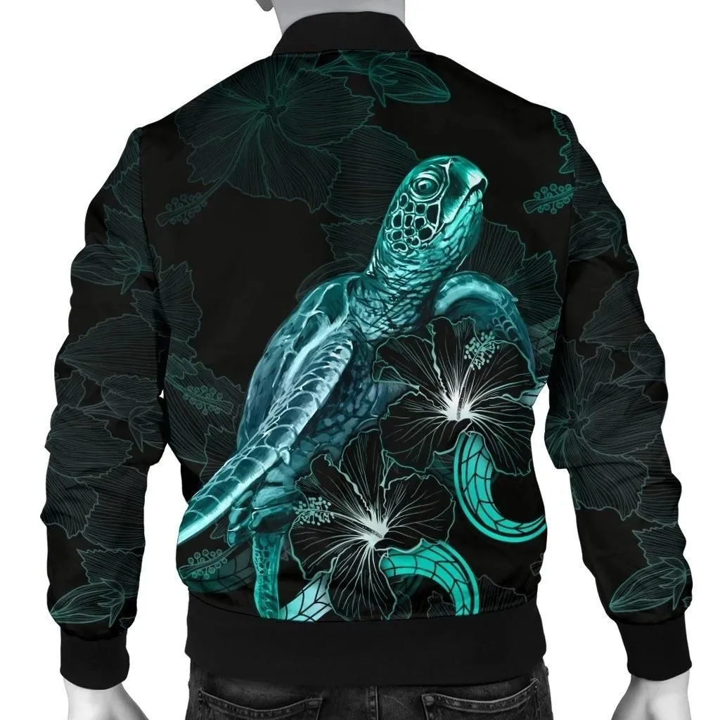 FamilyGater Jacket - Bomber Jacket Hawaii Polynesian - Turtle With Blooming Hibiscus Turquoise - BN22