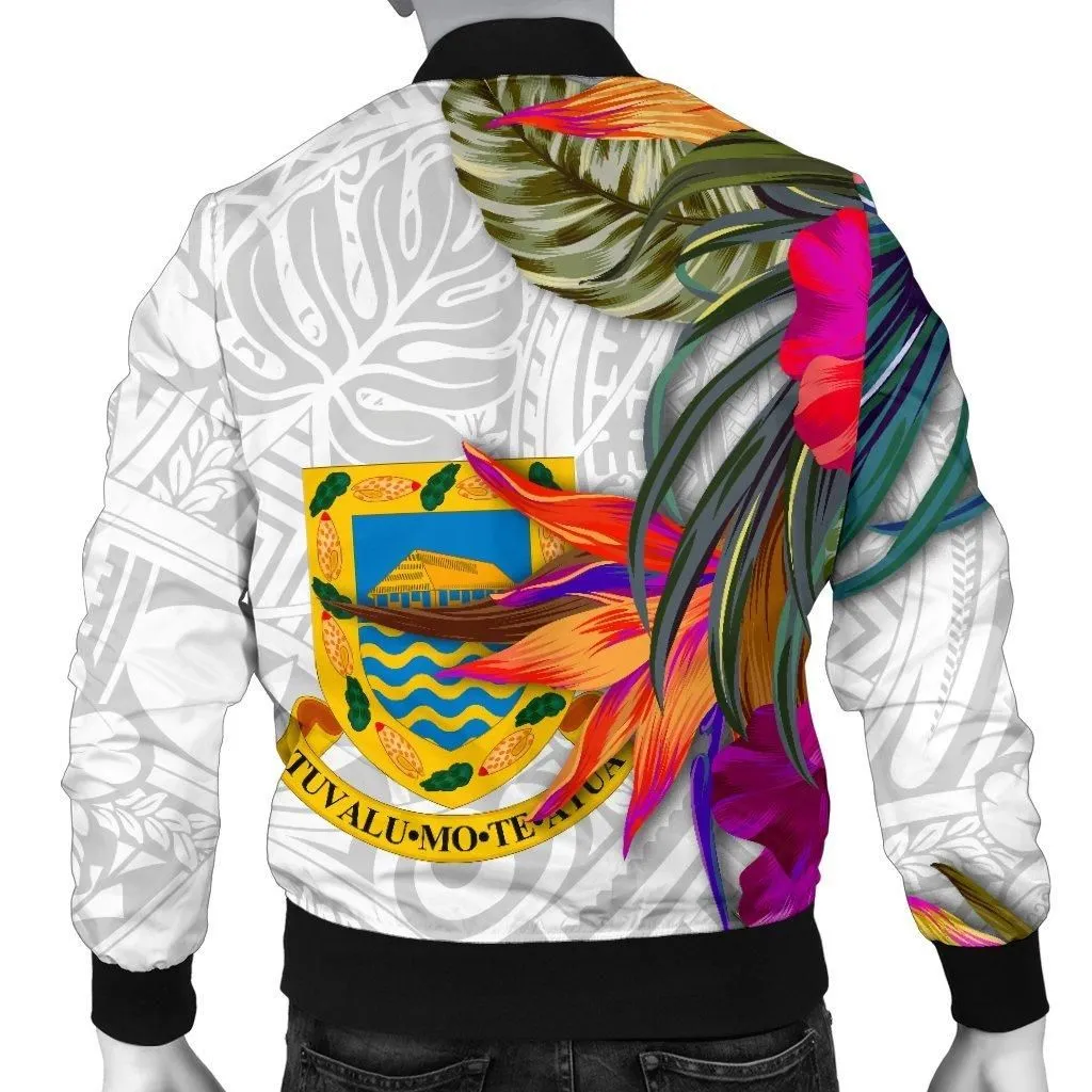 Tuvalu Mens Bomber Jacket Polynesian Hibiscus White Pattern