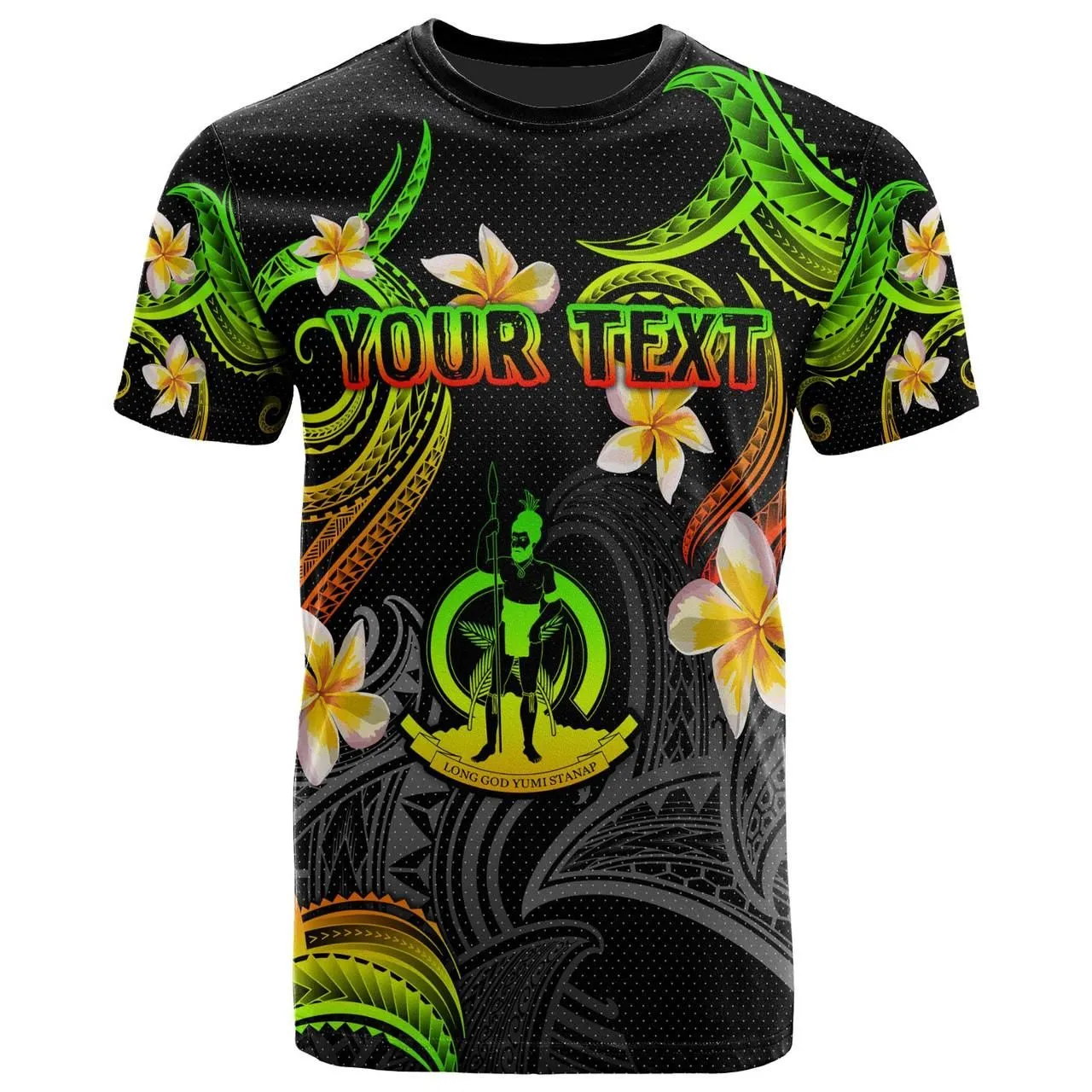 Vanuatu T-shirt - Custom Personalised Polynesian Waves with Plumeria Flowers (Reggae)