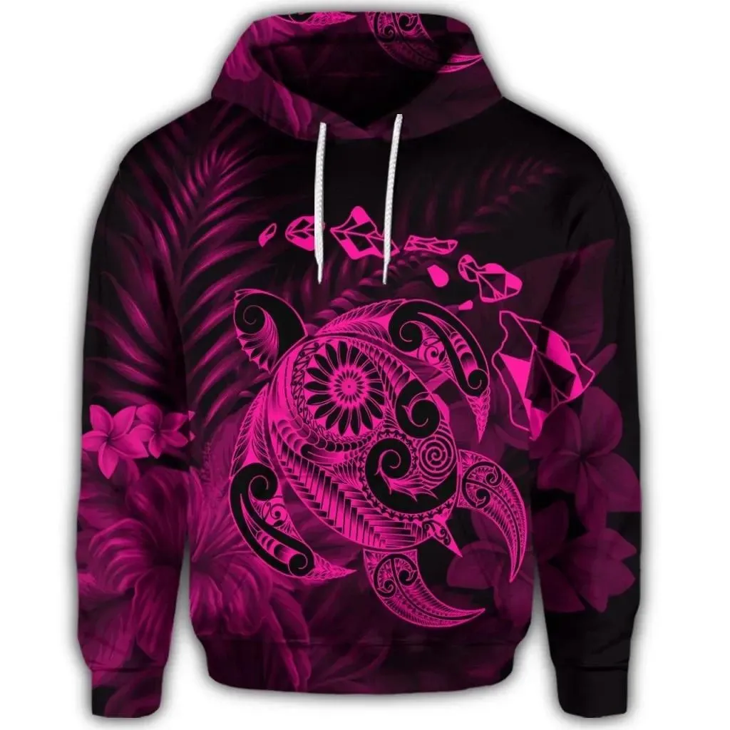 Alohawaii Hoodie - Hawaiian Map Turtle Tattoo Hibiscus Plumeria Polynesian Hoodie - Pink - AH - J4R