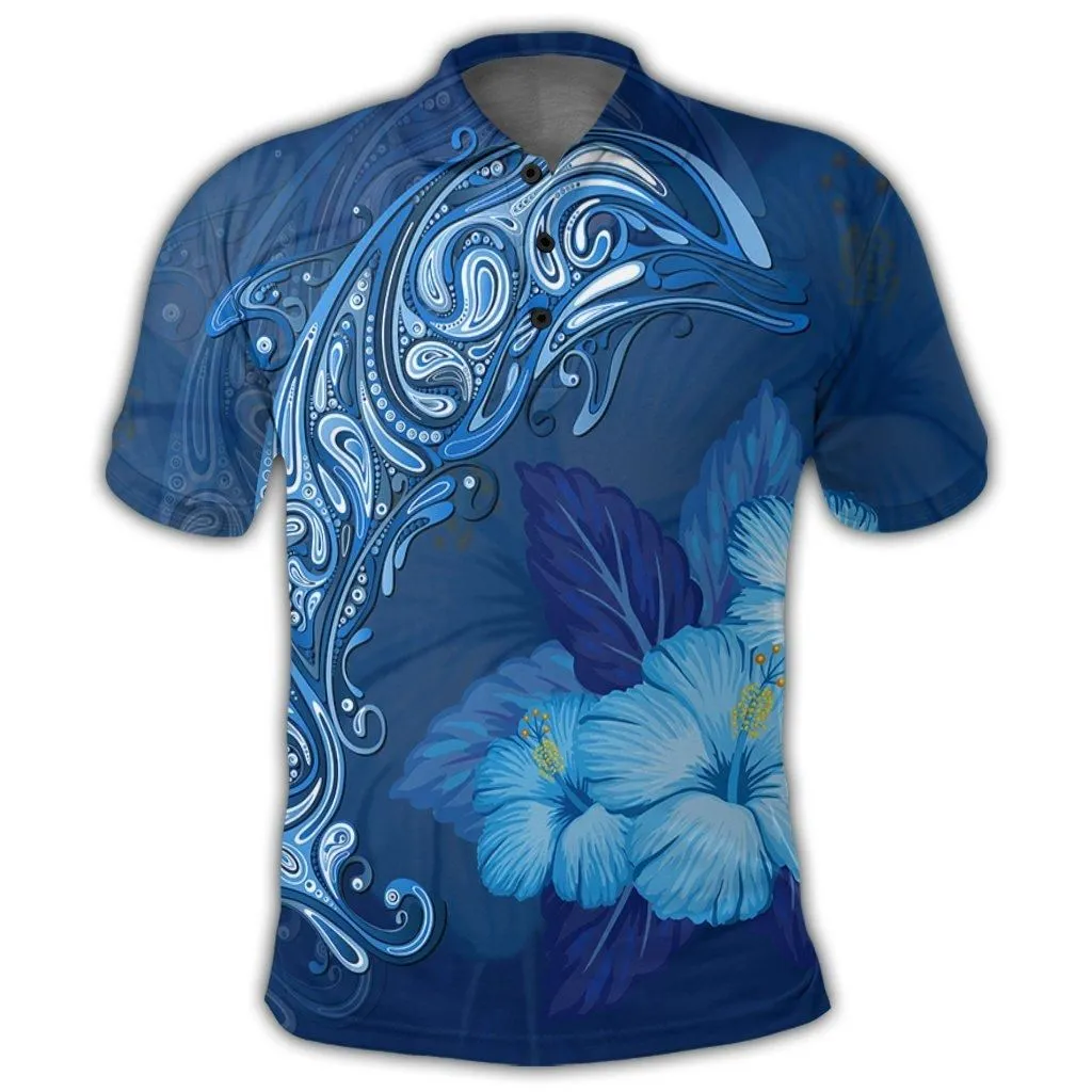Hawaiian Dolphin Hibiscus Tropic Blue Polynesian Polo Shirt - AH