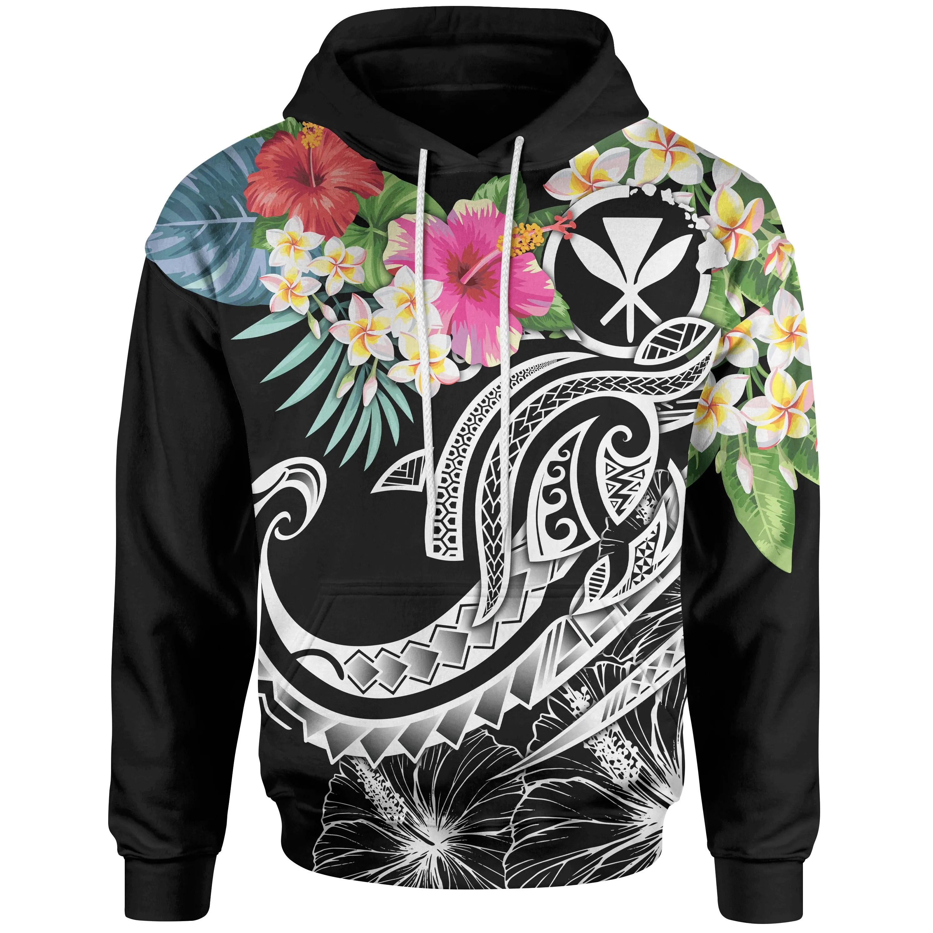Polynesian Hawaii Kanaka Maoli Hoodie - Summer Plumeria Black