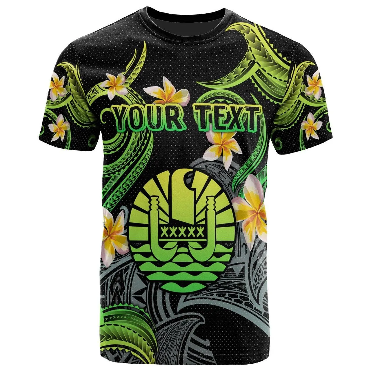 Tahiti T-shirt - Custom Personalised Polynesian Waves with Plumeria Flowers (Green)