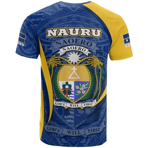 Nauru Polynesian T shirt - Nauru Flag Coat Of Arms Polynesian Tattoo Blue