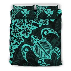 FamilyGater Home Set - Hawaiian Map Turtle Hibiscus Kanaka Polynesian Bedding Set - Turquoise - AH J4