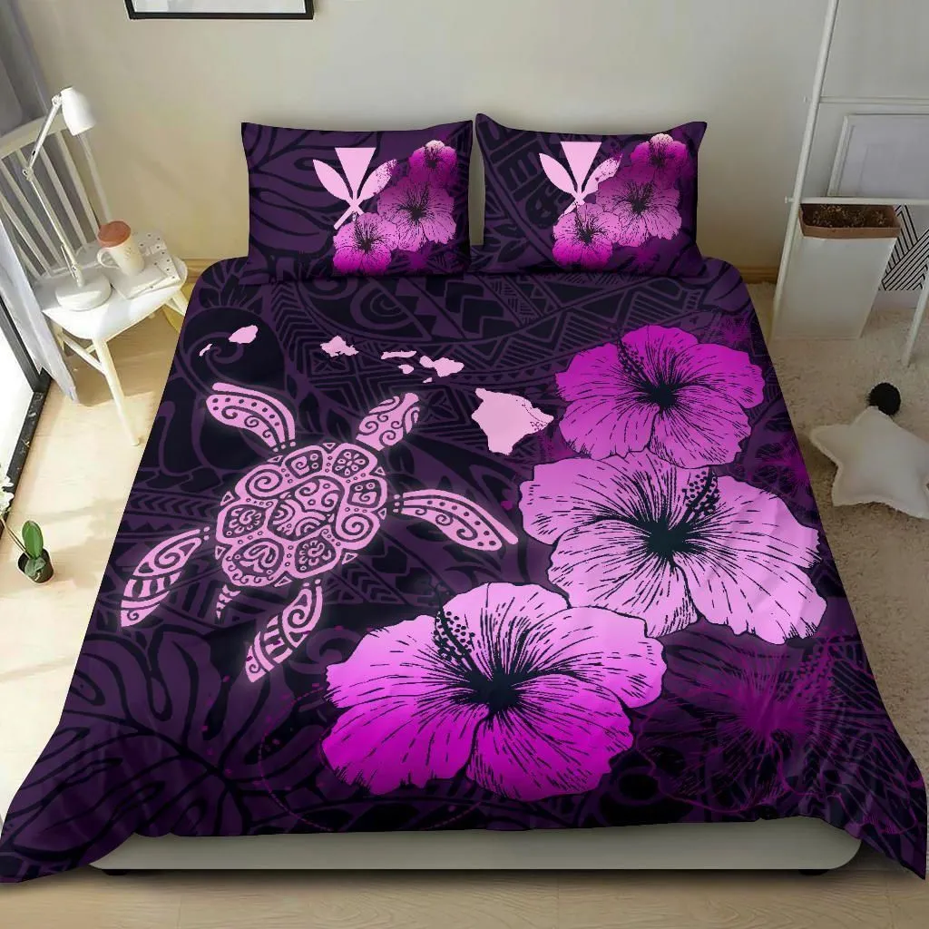Alohawaii Bedding Set - Cover and Pillow Cases Hawaiian Hibiscus Turtle Polynesian - Maps Style Pink A10