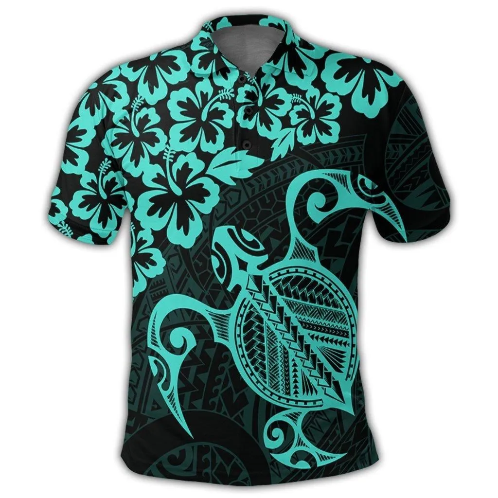 Hawaiian Map Turtle Hibiscus Kanaka Polynesian Polo Shirt - Turquoise - AH
