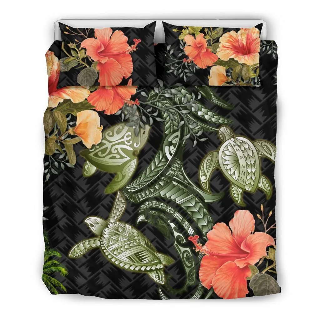 Three Turtle Bedding Set Polynesian Hibiscus Duvet Cover And Pillow Case