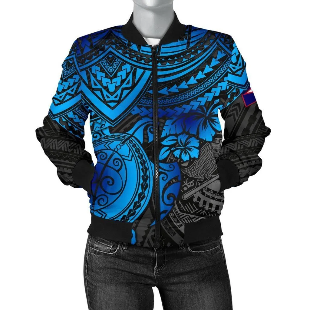 American Samoa Polynesian Bomber Jacket (Women) - Blue Turtle - BN15