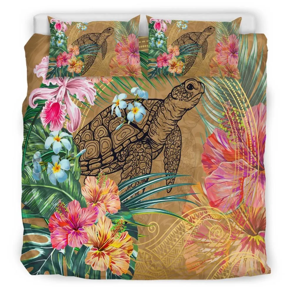 Hawaii Turtle Hibiscus Polynesian Gold Bedding Set - Moon Style - AH