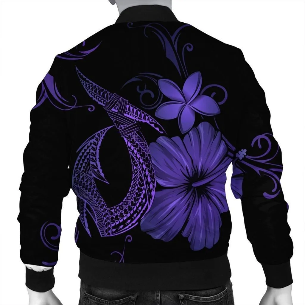Hawaiian Fish Hook Hibiscus Plumeria Polynesian Bomber Jacket - Purple