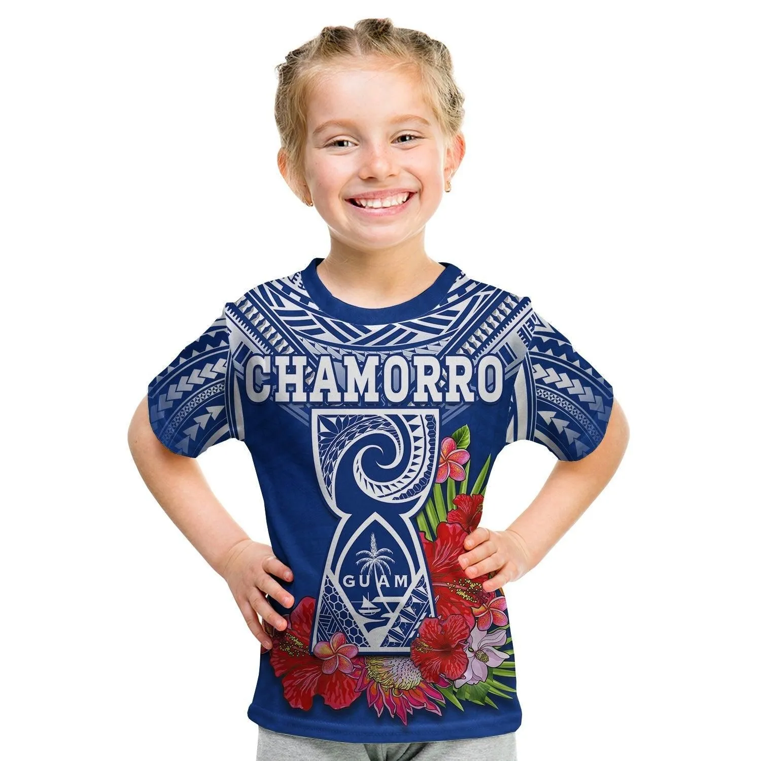 Custom Personalised Guam Chamorro T Shirt KID Guaman Latte Stone Tropical Flowers Blue Version LT14