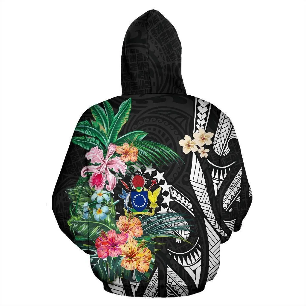 Cook Islands All Over Hoodie Coat Of Arms Polynesian With Hibiscus