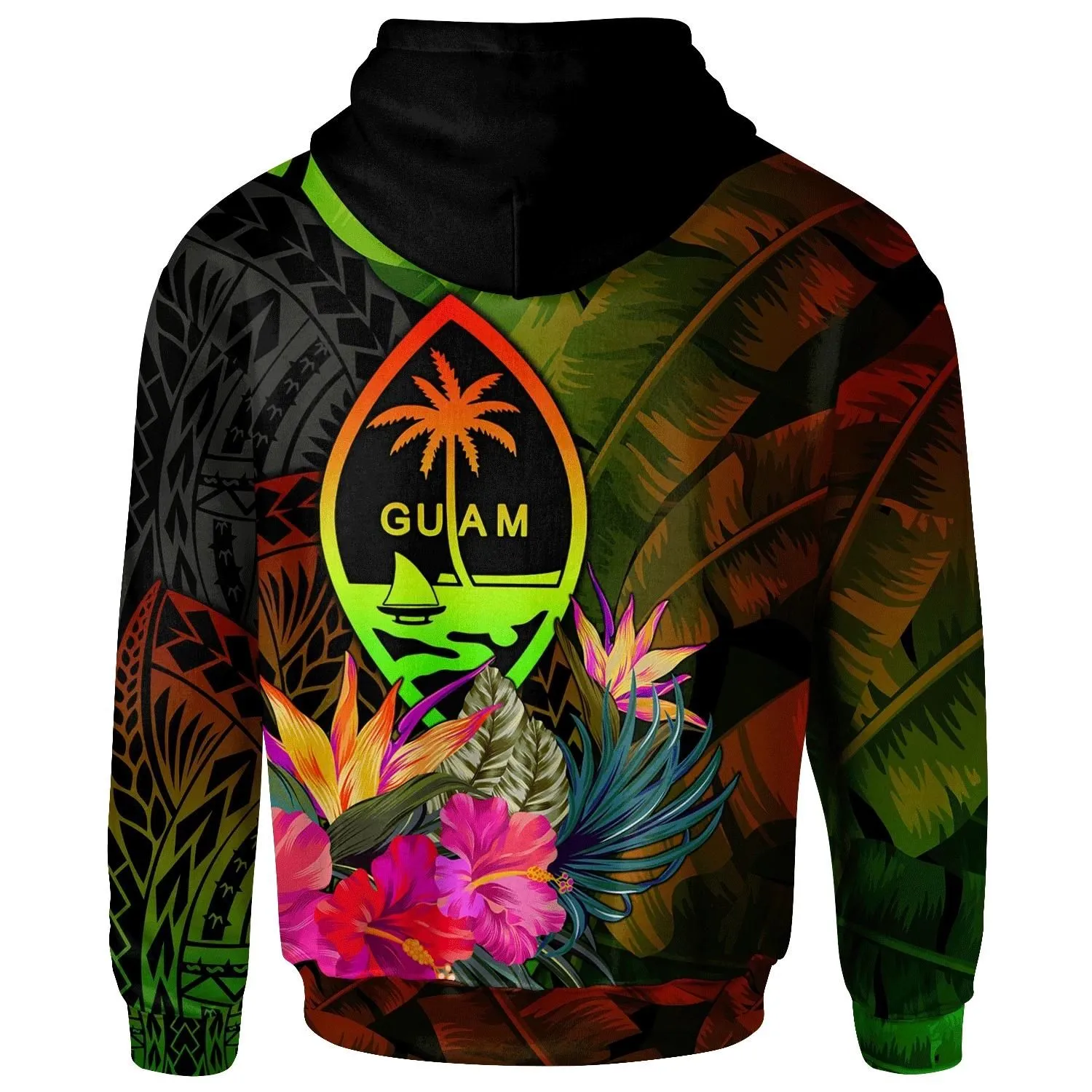 Alohawaii Clothing - Hoodie Guam Polynesian - Hibiscus and Banana Leaves - BN15