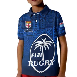 Fiji Rugby Polo Shirt KID Flying Fijians Blue Tapa Pattern LT13