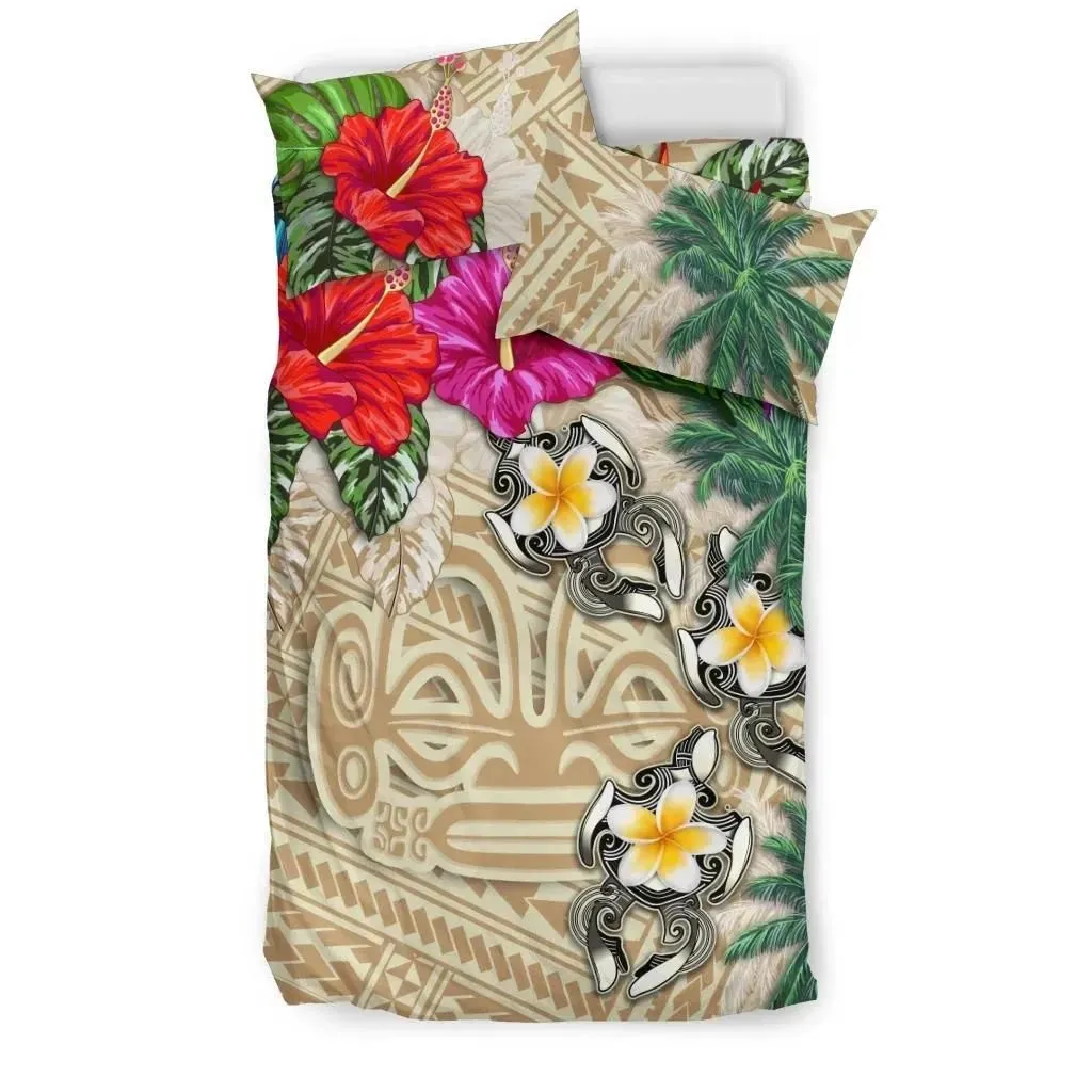 FamilyGater Bedding Set - Cover and Pillow Cases Marquesas Islands - Hibiscus Turtle Tattoo Beige A02