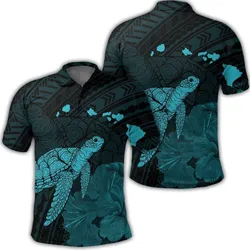 Hawaii Polynesian Hibiscus Turtle Map Polo Shirt Blue