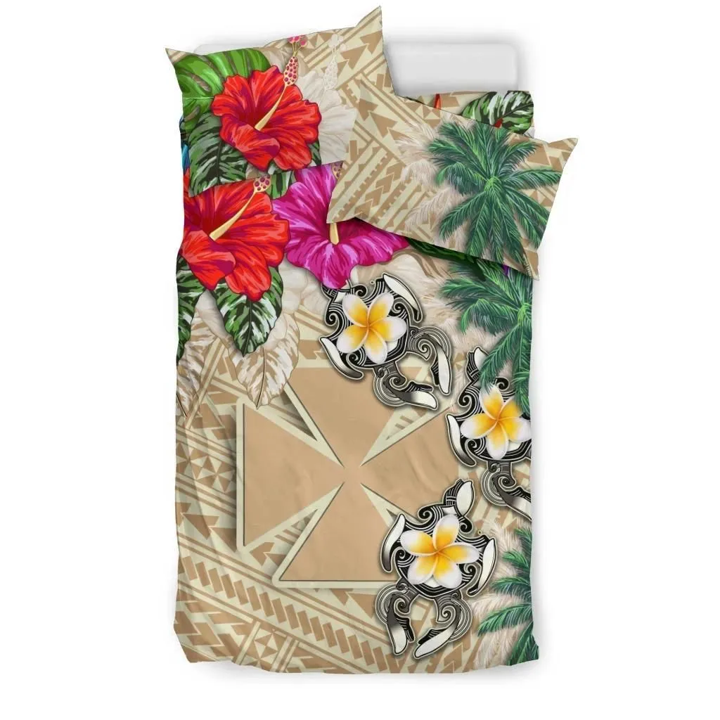 FamilyGater Bedding Set - Cover and Pillow Cases Wallis And Futuna - Hibiscus Turtle Tattoo Beige A02