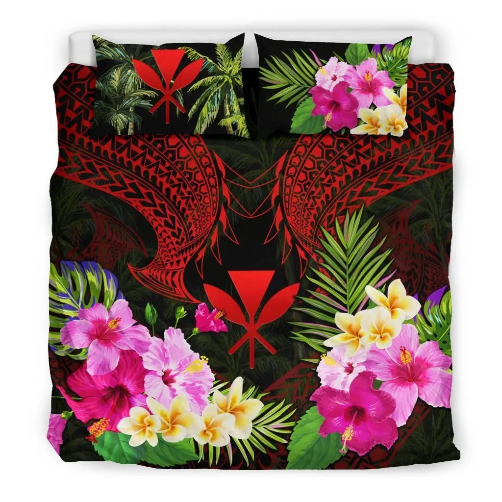 Polynesian Bedding Set - Hawaii Duvet Cover Red Kanaka Maoli Hibiscus Plumeria Coconut