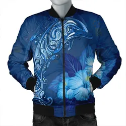 Hawaiian Dolphin Hibiscus Tropic Blue Polynesian Bomber Jacket