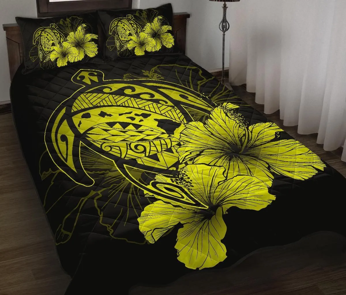 Hawaiian Map Turtle Hibiscus Polynesian Quilt Bedding Set - Yellow
