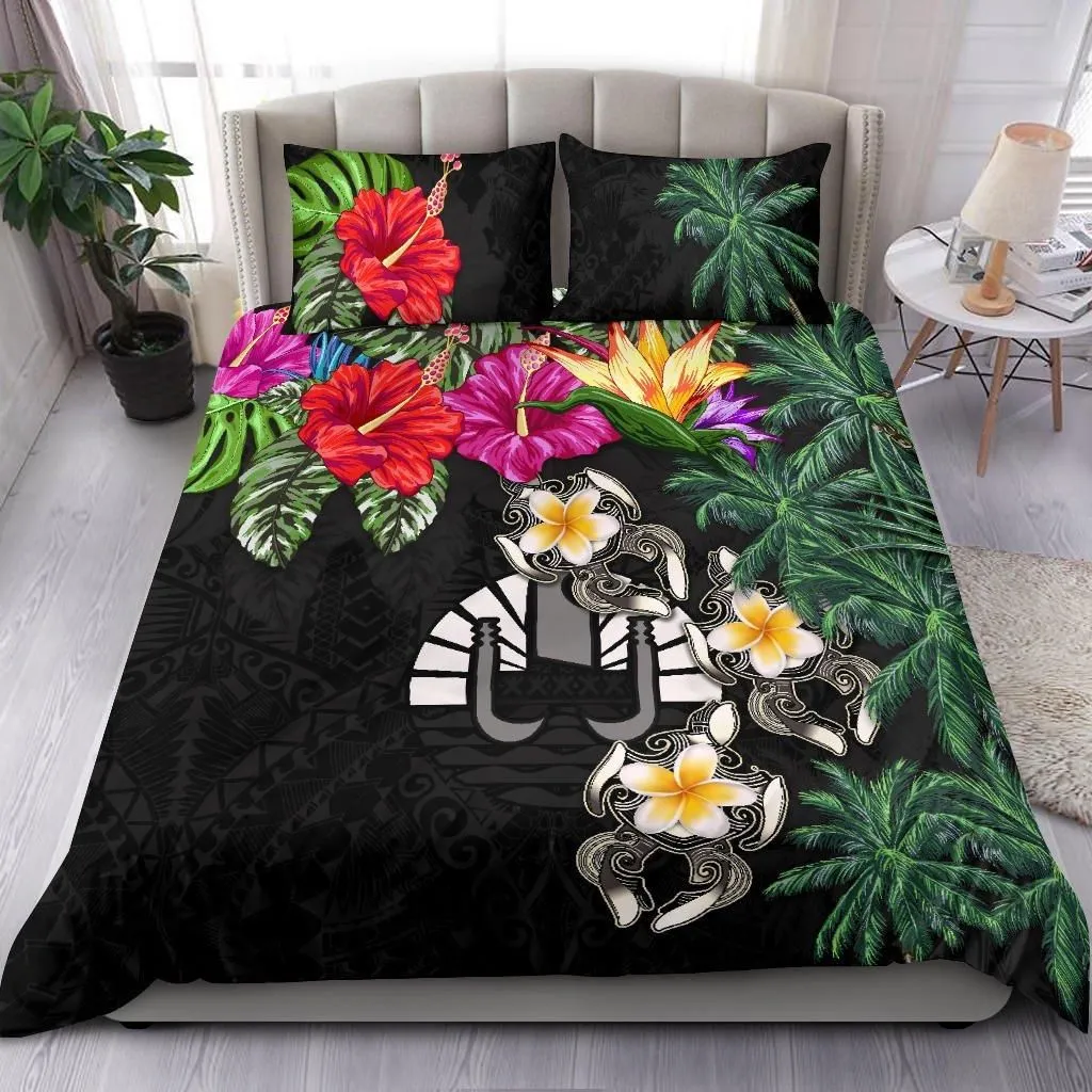 Alohawaii Bedding Set - Cover and Pillow Cases Tahiti - Hibiscus Turtle Tattoo Black A02